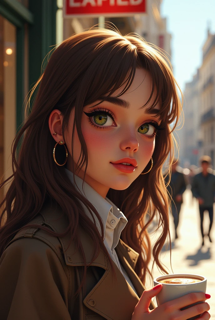 Isabella girl with brown hair below the shoulders, greenish brown eyes and thick lips with a mole very close to the lip on the right side, drinking coffee in Madrid