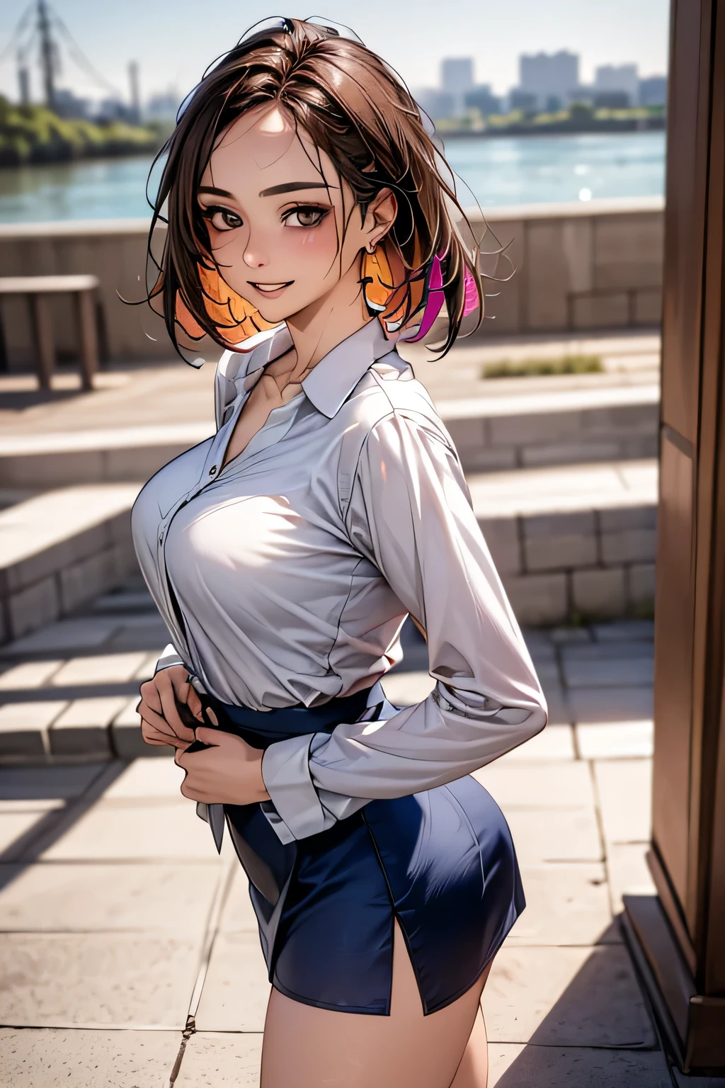 (masterpiece:1.2, Highest quality), (Realistic, photoRealistic:1.4), Beautiful illustrations, (Natural Side Lighting, Cinema Lighting),
View your audience, Cowboy Shot, Front view, 1 girl, middle aged, Perfect Face, Beautiful symmetrical face, (Sunburn, Sunburn跡),
(Bob Hair), (Missile Chest:0.6, Captivating thighs, Big Ass), Earrings,
Beautiful Hair, Beautiful Face, Beautiful attention to detail, Beautiful clavicle, Beautiful body, Beautiful breasts, Beautiful thighs, Beautiful legs, Beautiful fingers,
((Colorful long sleeve collared shirt, Navy Mini Skirt)),
(Beautiful views), evening, River side, walk, (Cute Smile, Upward glance),