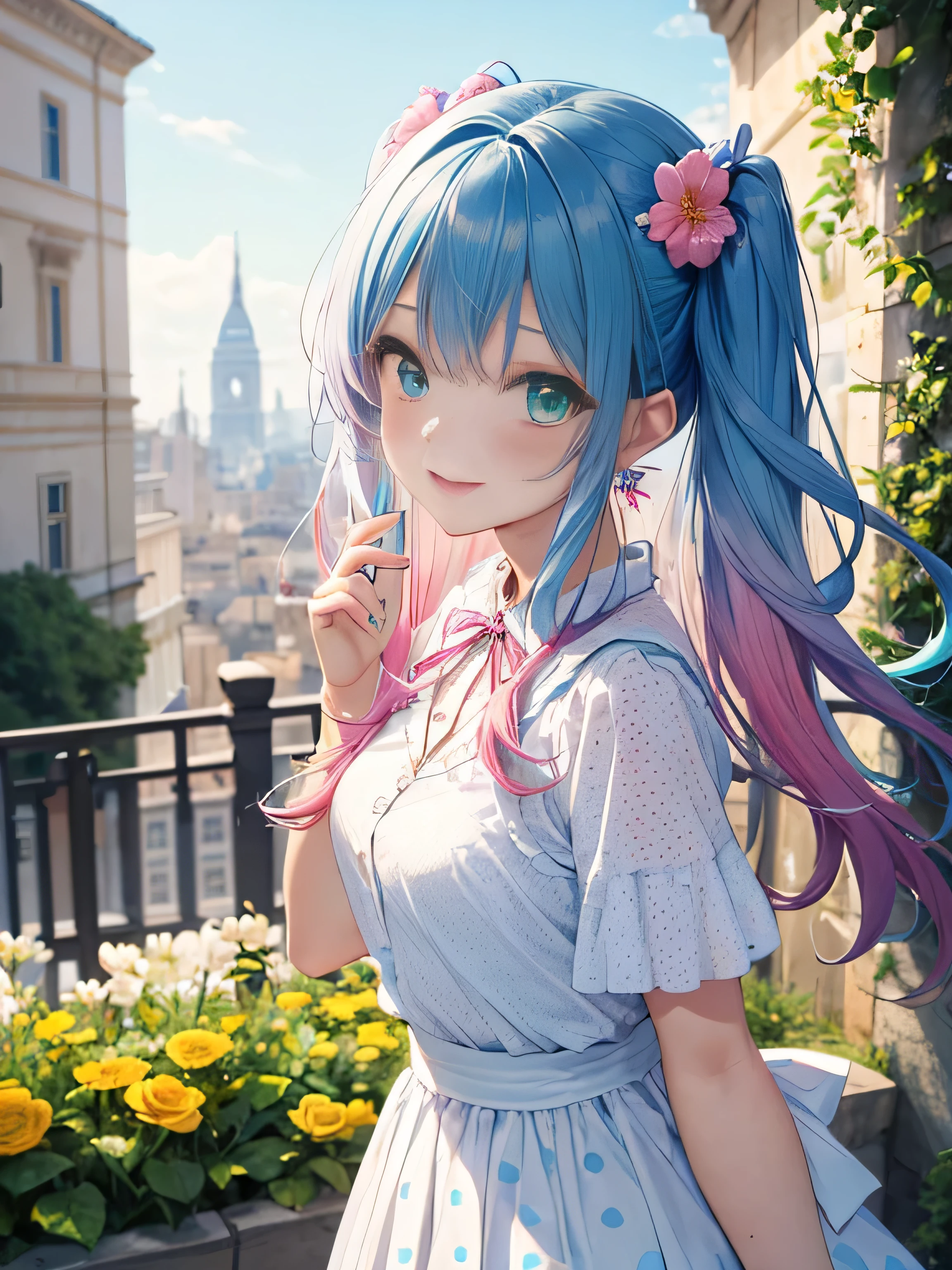 Glasses、小さなgirl、The arrival of spring、Big Ass、 (alone:1.5,)Very detailed,Bright colors, Very beautiful and detailed anime faces and eyes, Look straight, ;Shiny_skin,girl, ((Gradient Hair, , Half blue、Half pink hair: 1.2)) 、Forehead is exposed.、Green Eyes、Shiny hair, Delicate and beautiful face, blush、(Turquoise Eyes), White skin, Valletta, Earrings,、blue flower field、((ribbon、(Floral、Fashionable blouses、Polka dots、White Skirt)))、Twin tails、smile、smile、Face dyed red