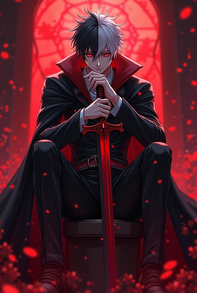 Main male anime character, half black hair and half white hair, sitting ,red eyes, inside caslte, magic sword, villain, death aura, revenge
