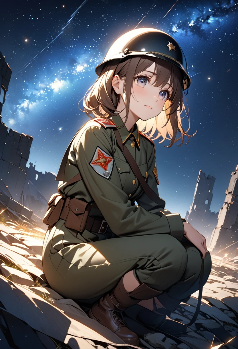 A cute soldier girl looks up at the night starry sky The girl was about 15years old, had short, unkempt chestnut hair, and was wearing a German military helmet and uniform.Girls wear military trousers,(The girl has a rifle slung over her shoulder:1.2).The perfect rifle model,The girl looks up at the starry sky,A slightly sad look,The girl is sitting with her knees raised in a crouching position.The background of the desolate battlefield ruins, the lonely night battlefield,The spectacular starry sky makes you feel like you're watching a planetarium. The sparkle of the stars will take your breath away.A dynamic shot of the starry sky reminiscent of a scene from a movie.High quality, high quality, (masterpiece, best quality, 4k,8k.1.5)Ultra detail,Ultra-fine painting,Physically Based Rendering, Dramatic Lighting,