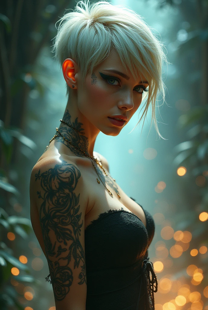 Dreamshaper Woman with Short Pixie Hair, tattooed, slim, sexy face drawing