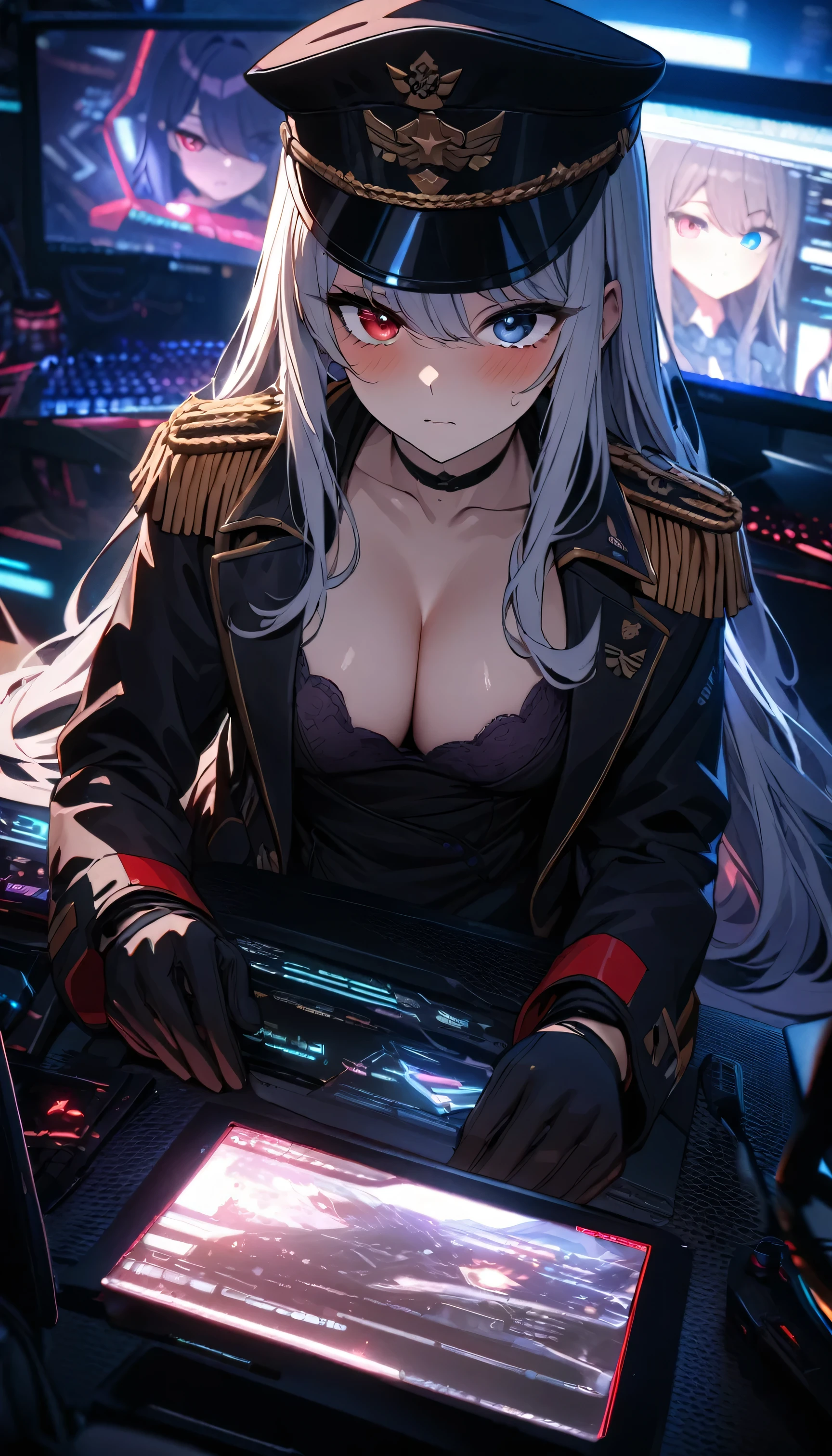 gamer girl, komi shouko wearing a black lobelia, long hair, (white hair), blue eyes, (red eyes:1.2), gloves, hat, dress, cleavage, jewelry, jacket, open clothes, choker, black gloves, military, black headwear, (heterochromia:1.5), black choker, peaked cap, epaulettes, military hat, embarrassing, looking at the camera, in a room with gamer computers, cyberpunk, perfect lighting, HDR, ultra resolution , very detailed, masterpiece, ultra quality, 4K HD