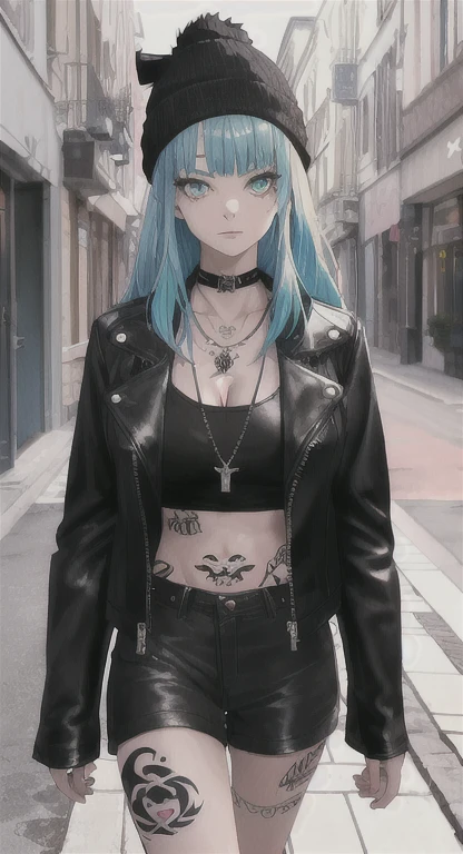 Holo-Punk Style, ((best quality)),((masterpiece)),((strikingly beautiful)), mature, 1girl, solo, high quality, masterpiece, skinny, long hair, messy bangs, black beanie, cyan hair, leather jacket, cyan eyeliner, pale skin, many necklaces, neck tattoo, tattoo on neck, sidewalk, large breasts