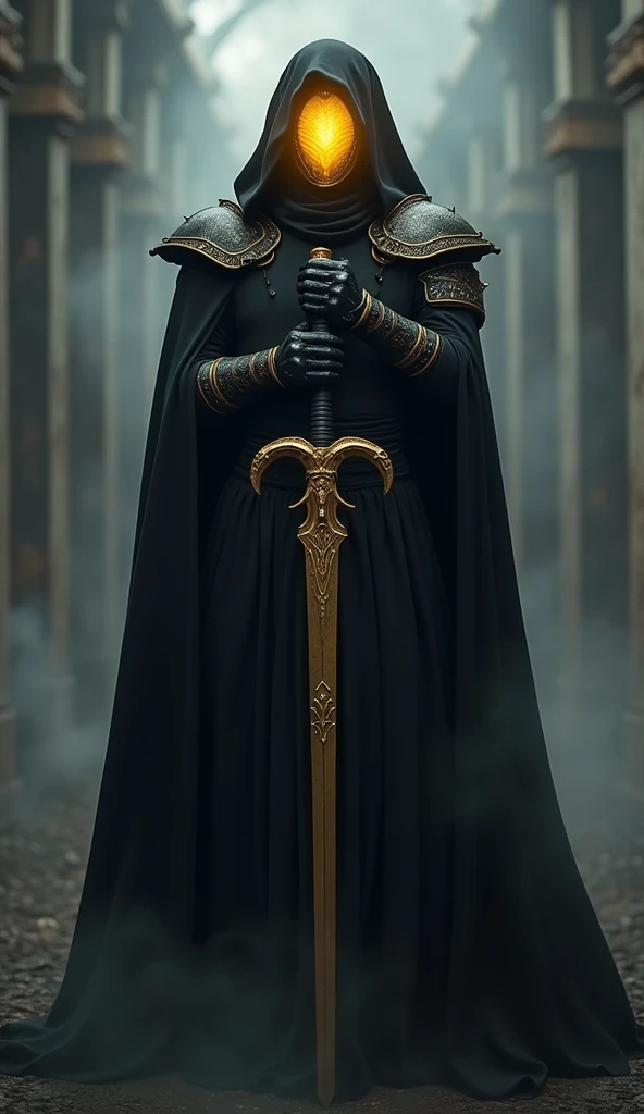 A man with black smoke and a golden glow just above his neck instead of a head in fancy black armor with no arms, black gauntlets with gold details, a golden longsword with a black blade and details