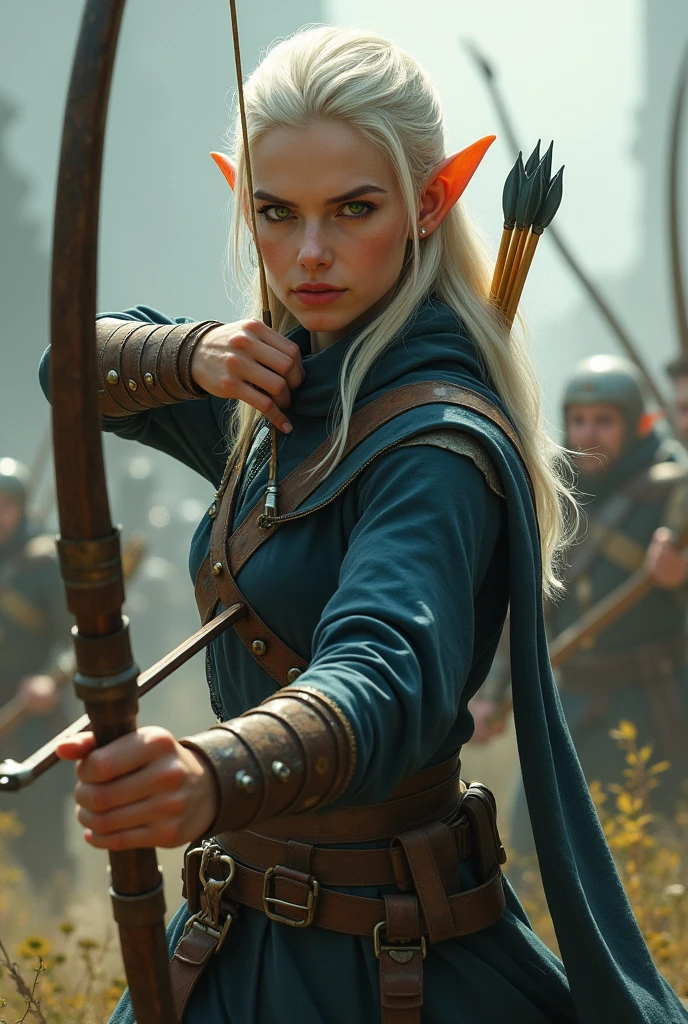 An elf archer approximately twenty-eight years old. Your hair is medium, almost white blondes, Emerald green eyes, pele alva, wearing a navy blue tunic under simple brown leather armor. The ears are slightly pointed. She is in full body attack pose in a war scenario.