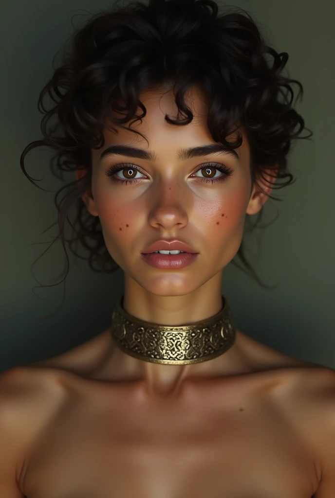 arab woman, young, naked, curly mullet, short hair, freckles, thick collar around neck, close-up, UHD, retina, masterpiece, accurate, anatomically correct, textured skin, super detail, high details, high quality, award winning, best quality, highres