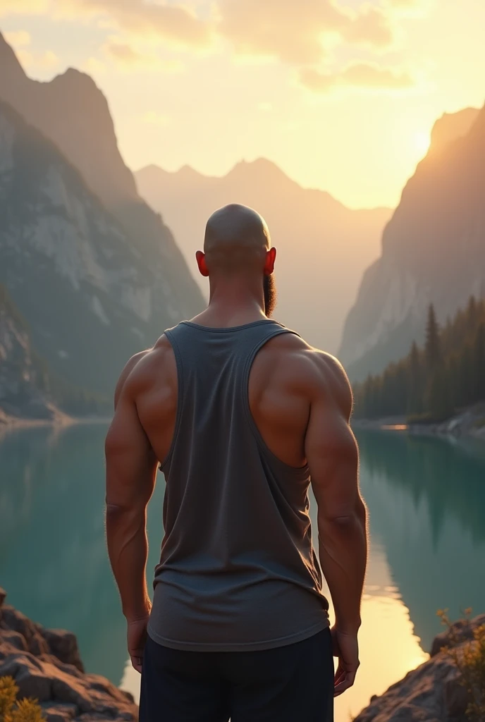I would like an image of a young, 29-year-old, strong, bald, brown-skinned man with a beard, shirtless, standing alone, looking at the horizon in a beautiful, striking landscape that has everything to do with the following phrase: , " No distractions, only God, me and my goals".  Obs: This man has to be with his back turned looking at nature meditating on the word of God , and importantly he is wearing a tank top
