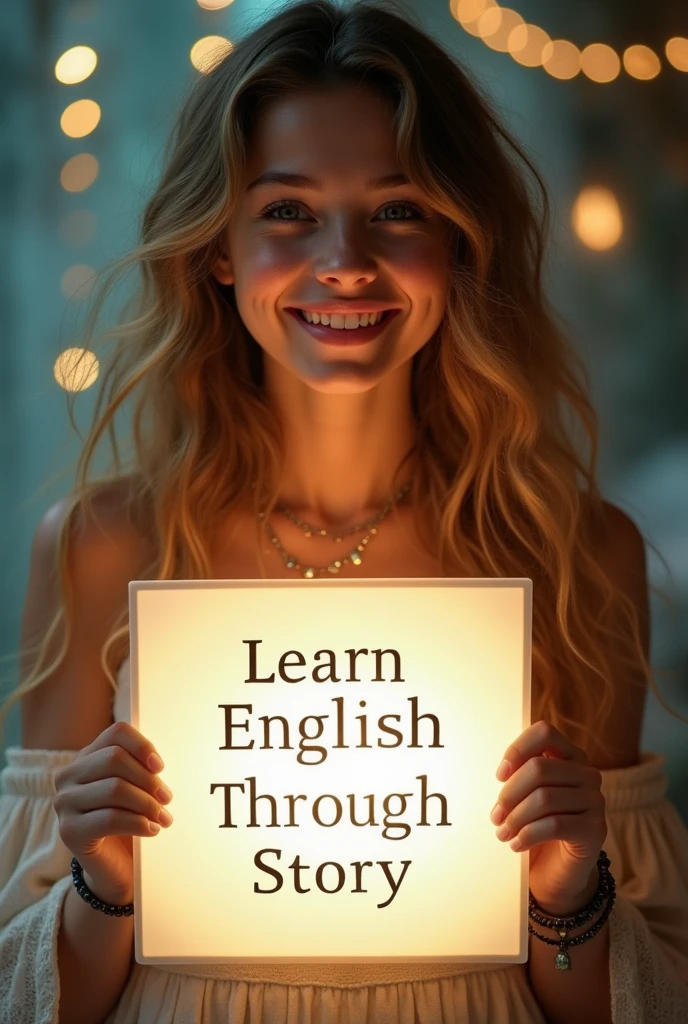 Beautiful girl with heart-warming smile and wavy long hair, bohemian dress, holding a white board with text "learn English Through Story" and showing it to the viewer, the board is glowing with the text.