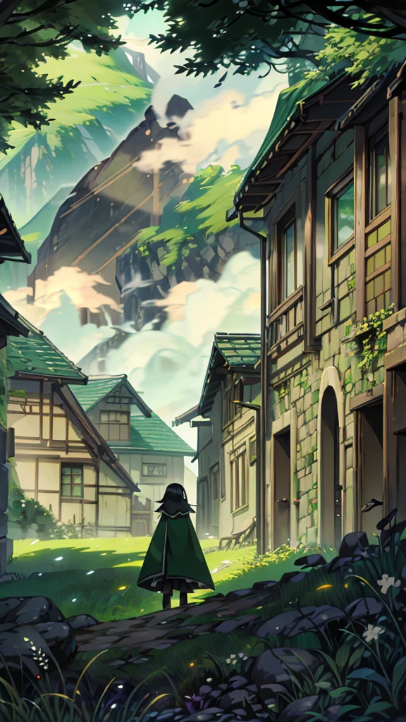 yuichiro hyakuya girl, (WithoutFear:1), 1 girl, black hair, green eyes, brown coat, gray armor, elves, sylvan, green shield, green cloak, dark brown gloves, forest, white fur trim, anime, standing, good quality, portrait, looking at viewer