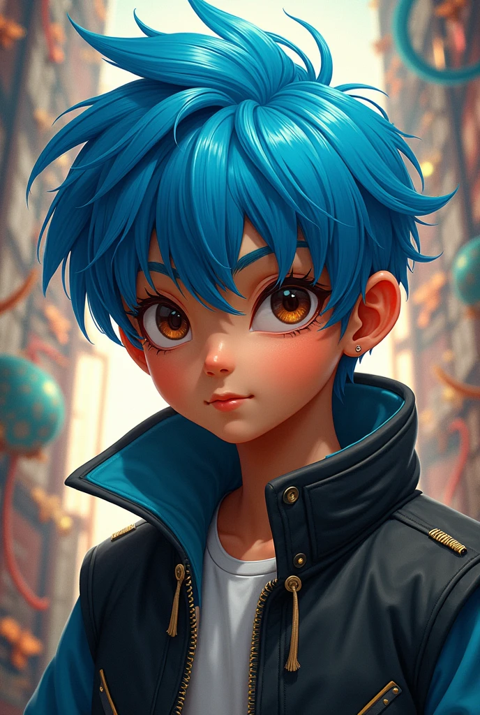 12 year old boy with strong blue hair, brown skin color, brown eyes and black coat with blue