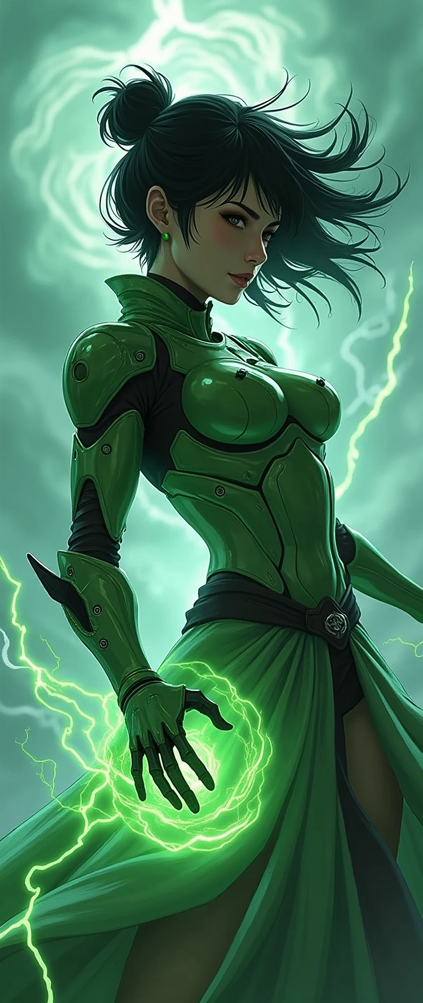(masterpiece:1.2, Highest quality,High resolution,Super detailed),8k,wallpaper,(Very detailed),(Armored Core Style),Woman in ninja robot armor,Black Hair,Random Hairstyles,(Wind Ninja),(Light green body),(Detailed face:1.3),(Detailed body:1.3),((Cowboy Shot)),(The background is a tornado and lightning:2.0),Hair blowing in the wind,cyber punk,(dynamic),(Preparing for battle,Store a ball of wind energy in your palm.),(Detailed hands:1.6),(Flashy Effects:2.0)