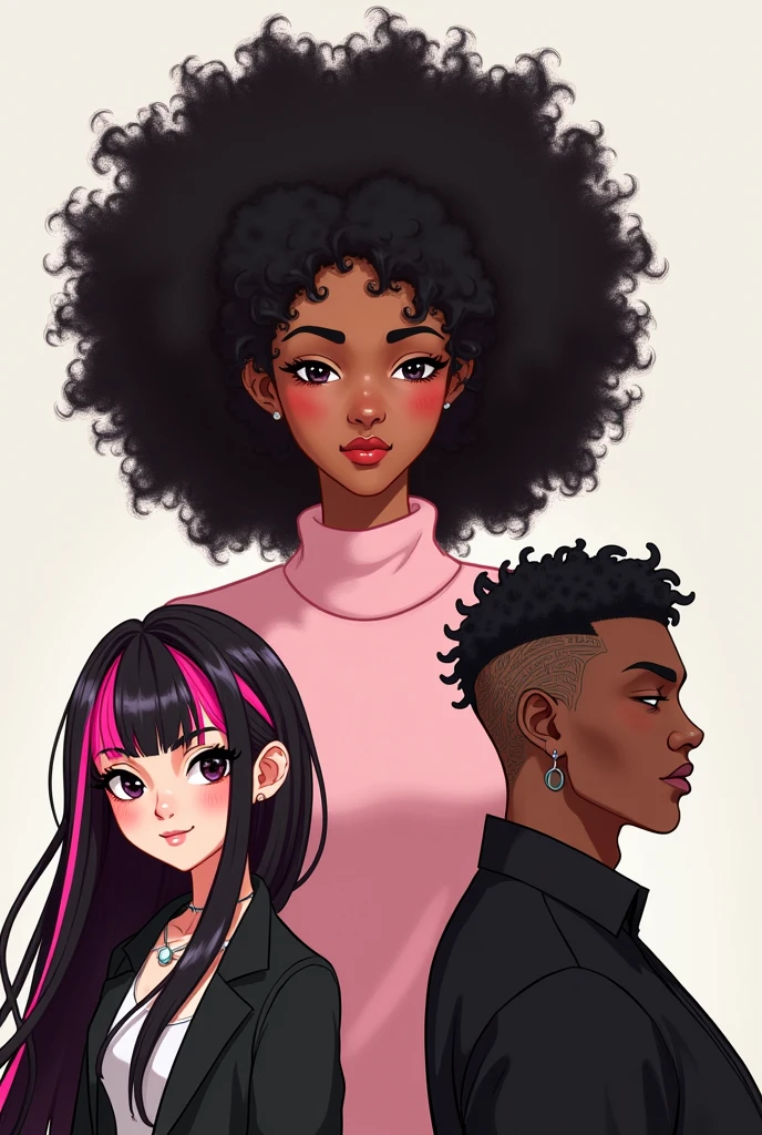"a- E-girl with a light pink sweater and curly black Power hair, with outlined" "b- E-girl with black coat and curly black Power hair" "c- and another e-girl with a black coat, straight hair with pink bangs, a little towards the shade of red, with the rest of her hair black" "d- a dark-skinned man with short hair shaved on the side, with a thick cord, with a black blouse"
