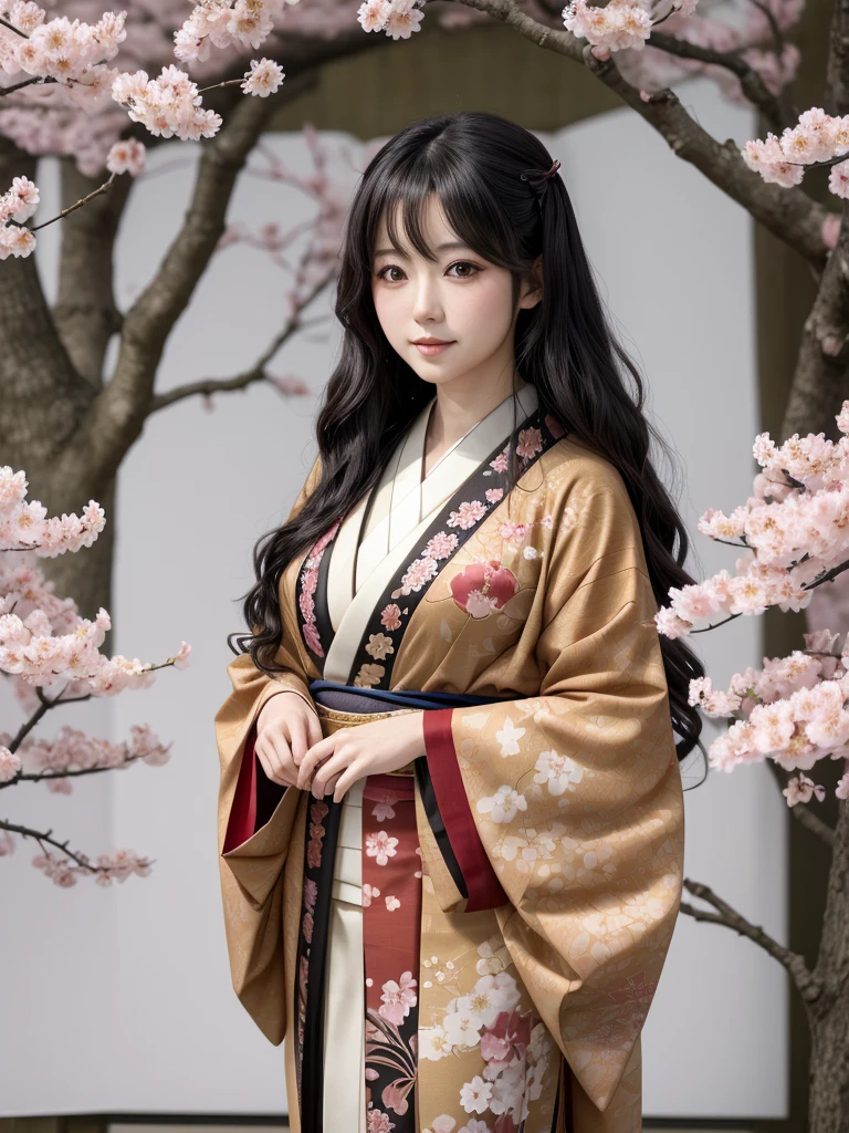 A highly detailed and vibrant full-body image of an adult Japanese anime female character. She has long, flowing black hair with soft waves, and her expressive, large brown eyes are full of emotion. She is wearing a traditional yet modern kimono with intricate patterns in shades of deep red and gold, and the fabric flows elegantly around her. The character is depicted from head to toe, with no cuts, showing her full figure. The background is a beautiful blend of cherry blossoms in full bloom, with soft petals falling around her, giving the scene a serene and magical atmosphere. The art style is typical of high-quality Japanese anime, with fine linework and vivid colors.