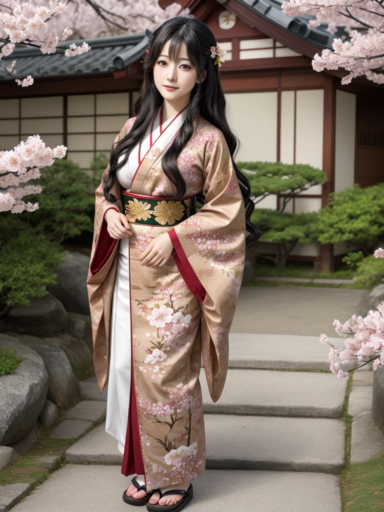 A highly detailed and vibrant full-body image of an adult Japanese anime female character. She has long, flowing black hair with soft waves, and her expressive, large brown eyes are full of emotion. She is wearing a traditional yet modern kimono with intricate patterns in shades of deep red and gold, and the fabric flows elegantly around her. The character is depicted from head to toe, with no cuts, showing her full figure. The background is a beautiful blend of cherry blossoms in full bloom, with soft petals falling around her, giving the scene a serene and magical atmosphere. The art style is typical of high-quality Japanese anime, with fine linework and vivid colors.