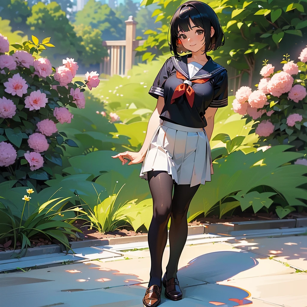 (Highest quality, High resolution, Super detailed, Realistic:1.37), Peaceful atmosphere, (Outdoor, garden), Teenage girl standing alone,(my breasts are big.),Beautifully detailed features, Cute Smile, ((Black bob hair)),Short-sleeved sailor uniform, Pleated skirt,Black tights,Brown leather shoes.