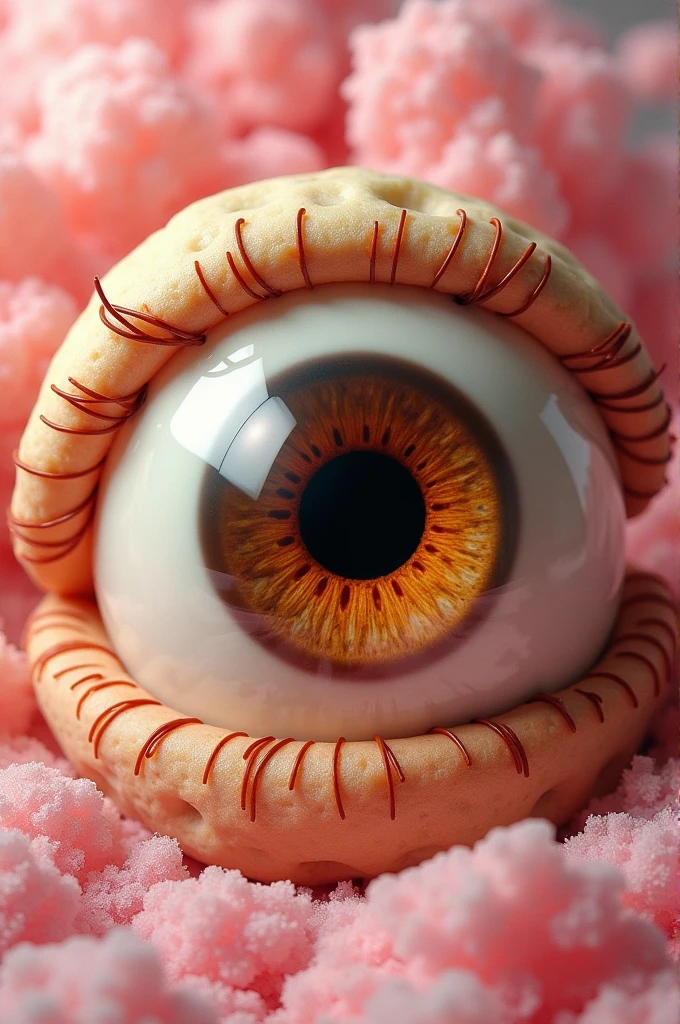 Globule Oculaire Enorme parfaite anatomie de haute qualité, Iris Juane Ocre Pupille profonde, dans un corné de glace en pâte à sucre (beige sucré croustillante) avec un colis fraise rose bonbon. Design concept chrome poster. [Advertissing Chrome Metal Poster]. (Eye'sCream).