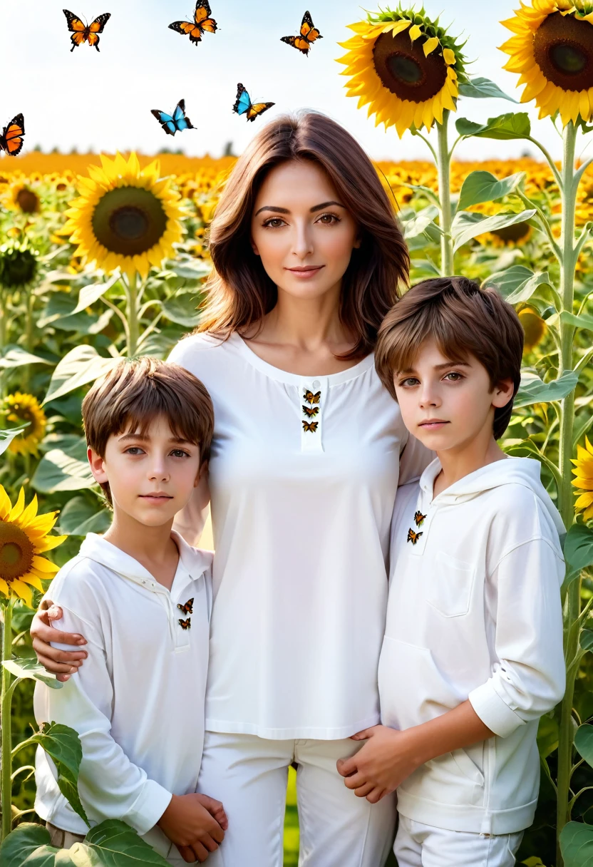 Mother with 2 boys, one adult and one teenager, brown eyes, wearing white clothes. Photo scene with sunflower garden and butterflies.