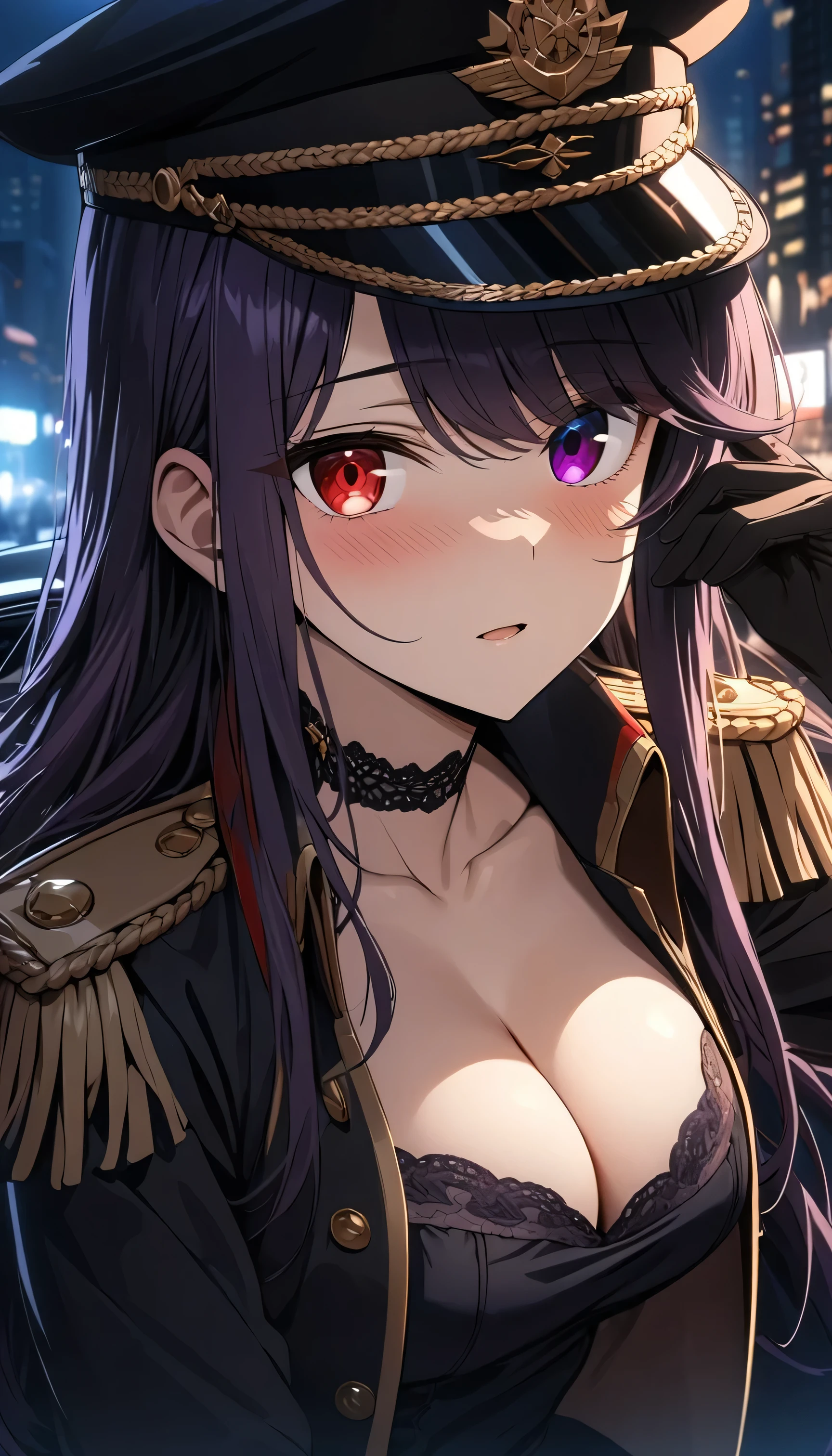 komi shouko wearing a black lobelia, long hair, purple hair, blue eyes, (red eyes:1.2), gloves, hat, dress, cleavage, jewelry, jacket, open clothes, choker, black gloves, military, black headwear, (heterochromia:1.5), black choker, peaked cap, epaulettes, military hat, embarrassing, looking at the camera, perfect lighting, near a well-detailed black car, on a track in a large city at night (night scene:1.2), HDR, ultra resolution , very detailed, masterpiece, ultra quality, 4K HD