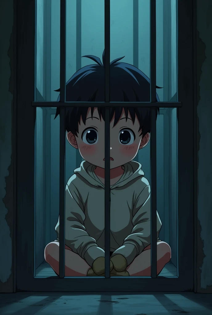 Cinematic Anime style. Manga art. TME0224 face, (((a baby boy, 4 year old))) in a funny night (((wearing a baggy onesie without a zipper with hands in mitts))), (((inside a tiny closed cage behind bars))). cinematic lighting, drop shadow, masterpiece, UHD, anatomically correct, textured skin, super detail, high details, high quality, best quality, 4K, full body