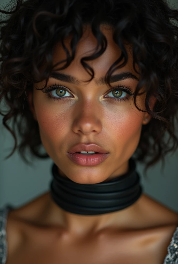 mixed woman, young, naked, curly mullet, short hair, dimples, thick belt around neck, close-up, UHD, retina, masterpiece, accurate, anatomically correct, textured skin, super detail, high details, high quality, award winning, best quality, highres
