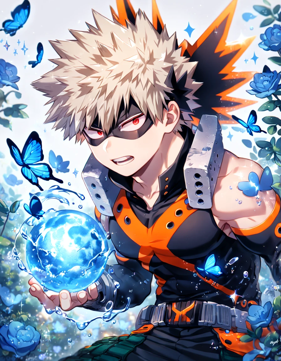 absurdres, highres, ultra detailed, HDR, master piece, best quality, extremely detailed, Bakugou Katsuki, ash-blonde hair, expressive red eyes, Boku No Hero Academia, solo, sexy man, handsome, manly man, black hero clothes, black eye mask, fantasy, magical, sparkling, water, blue moon, blue flowers, blue butterflies, blue petals, garden