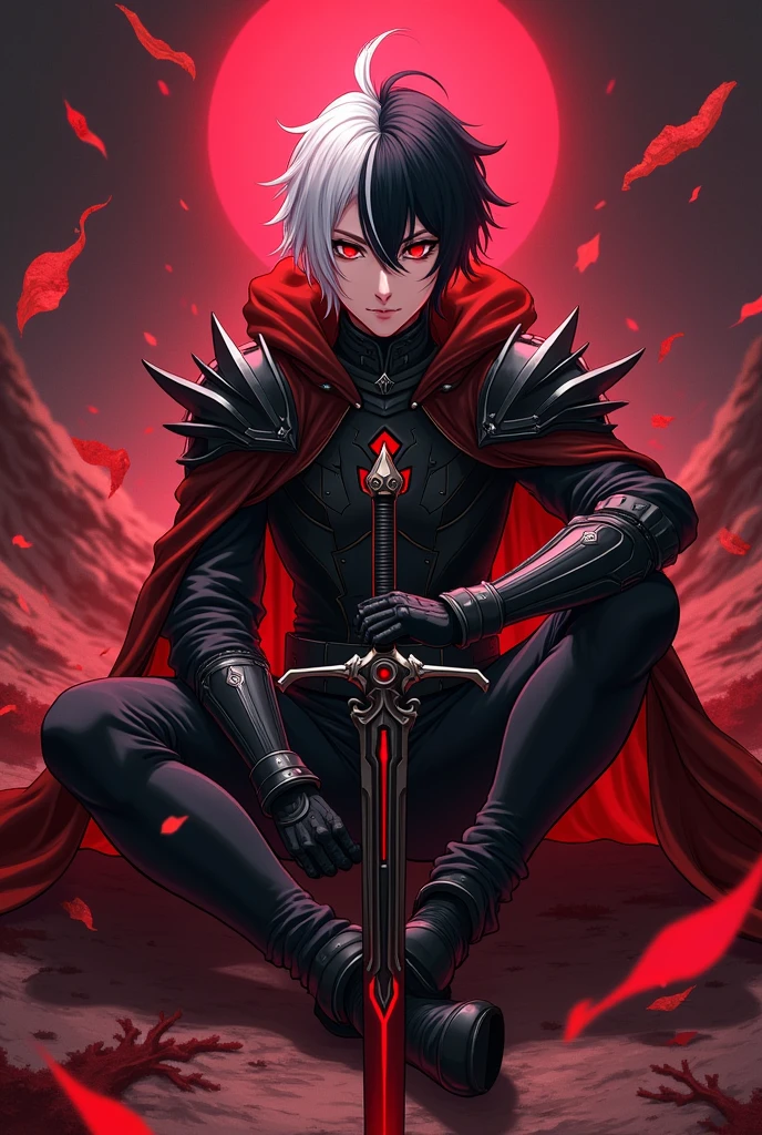 Main male anime character, half black hair and half white hair, sitting ,red eyes, destroyed caslte, magic sword, villain, dark aura, revenge, armor