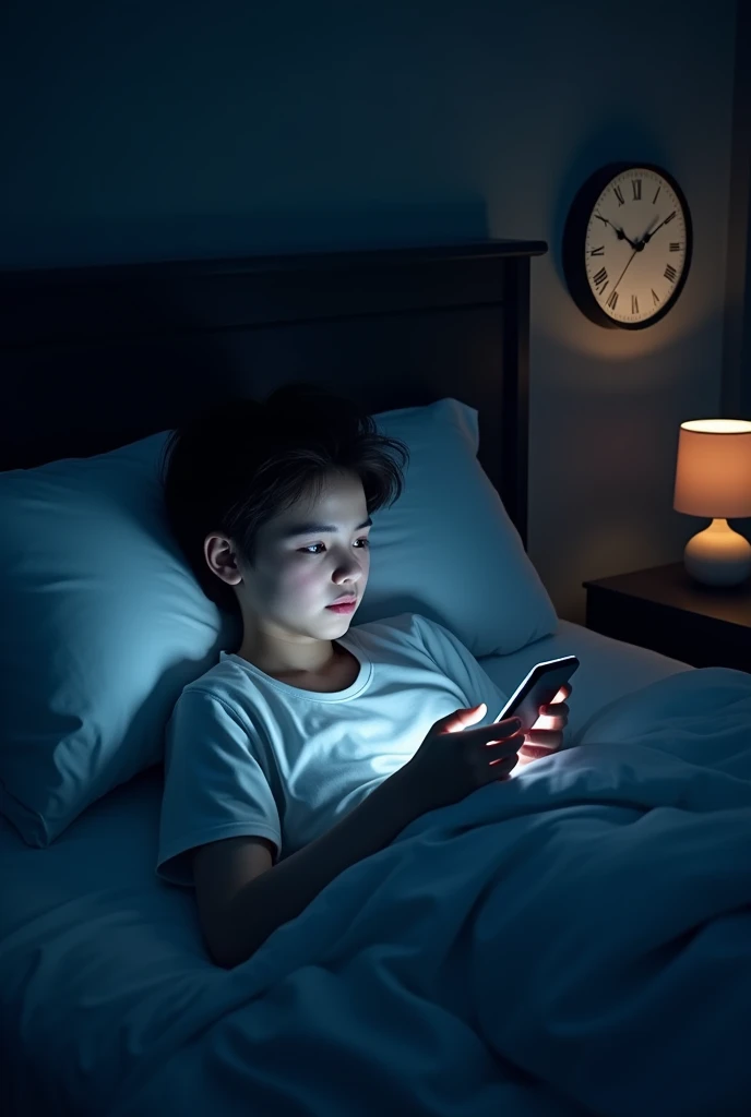 Someone in bed, with a cell phone in his hand and an expression of exhaustion, while the clock shows that it is 3 am and the cell phone screen is full of endless posts.