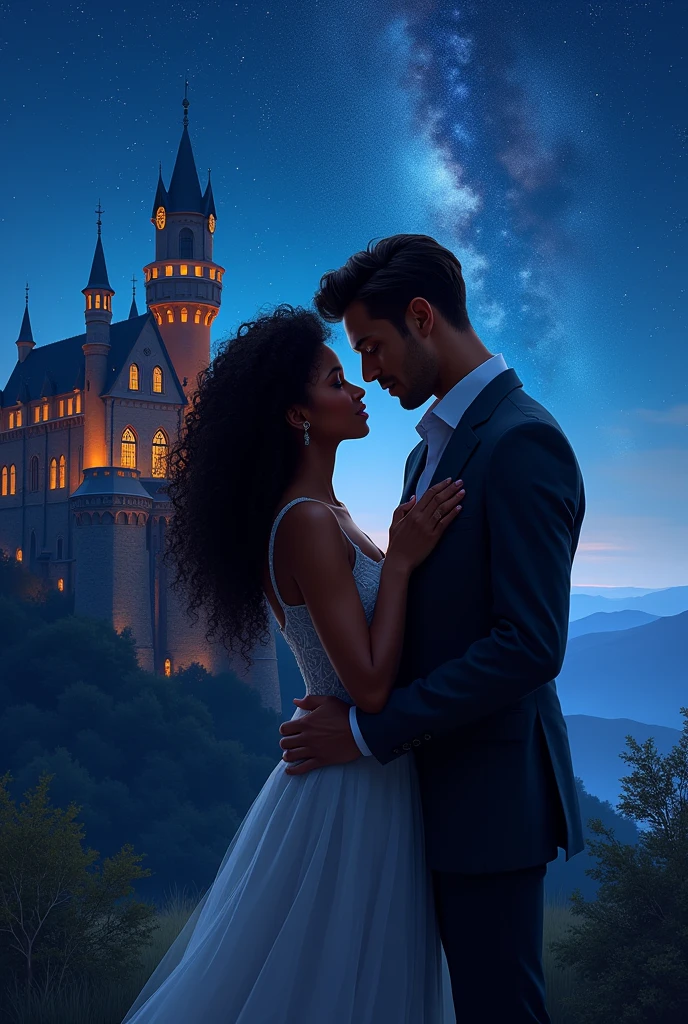 Create a cover for a book, It must be a couple hugging, a black woman with long curly hair and a man with short dark hair., the two must be in front of a castle with the starry sky attracting a lot of attention