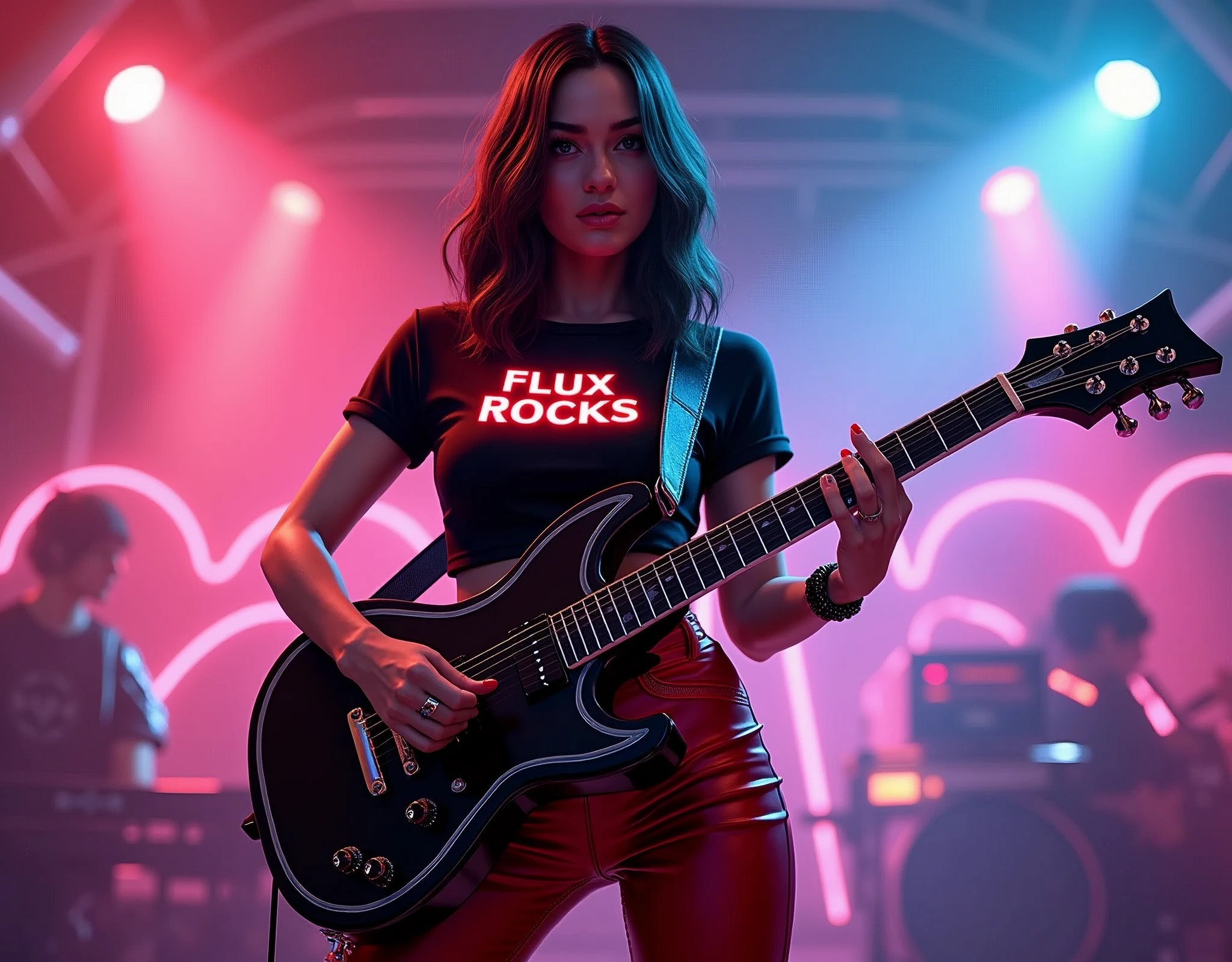 The image depicts a  Woman with hourglass body and hug  playing an electric guitar, which is a musical instrument characterized by its electronic sound production. The guitar has a distinctive Glossy black with flames on it, which is not typical for such instruments and suggests a custom design or personalization. The individual's attire includes a black t-shirt with neon red text in  a 3D font that spells out "Flux Rocks", she is wearing tight red leather pants. The presence of the guitar and the attire of the person implies a context of music performance in a rock genre. Neon art style mixed with vector art and pop art in the background that depict sound waves flowing thru the air visual effect to enhance the rock aesthetic, glowing neon light, Pop art 
