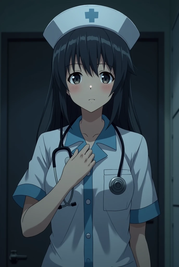 
A female nurse with black hair, holding a stethoscope to her chest, in a dark room, in an anime style