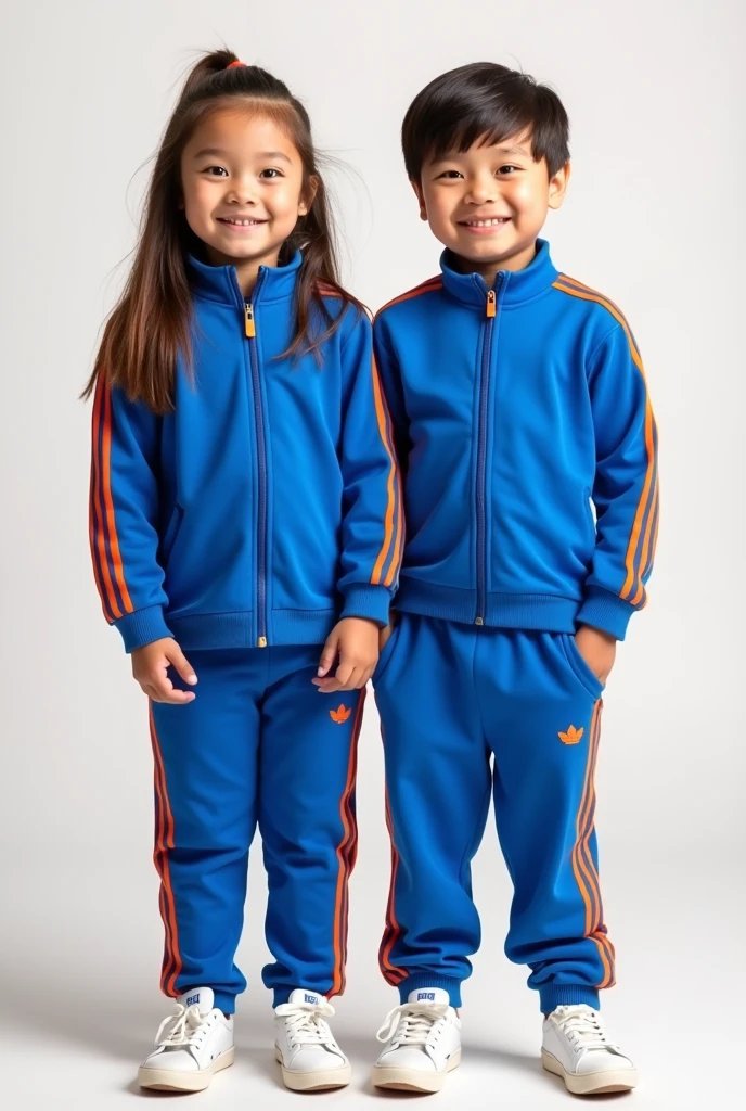 Image of a smiling 3--old  and girl wearing a blue tracksuit, pants and jacket with orange stripes