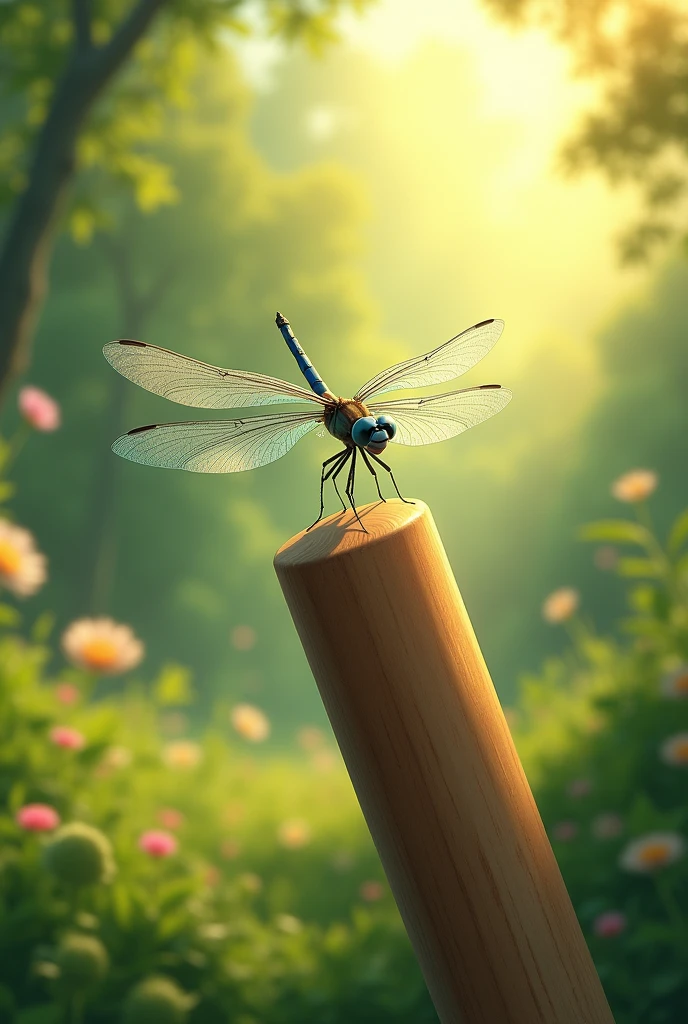 Summer illustration of a dragonfly resting on a baseball bat