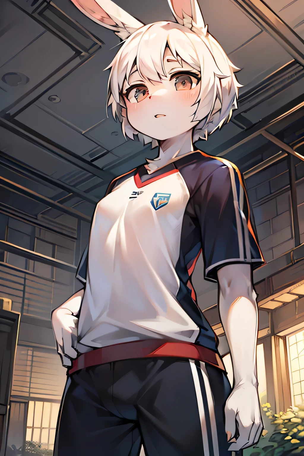 masterpiece,best quality,super detailed,super fine illustration,8k,(fullface brasched:1.3),masterpiece,best quality,detailed background,BREAK sports uniform,sports pants,BREAK soccer player BREAK スタジアム,detailed background,beautiful background,BREAK she is playing soccer.BREAK (white rabbit years:1.2),rabbit girl,short hair,girl,Small breasts,white hair,