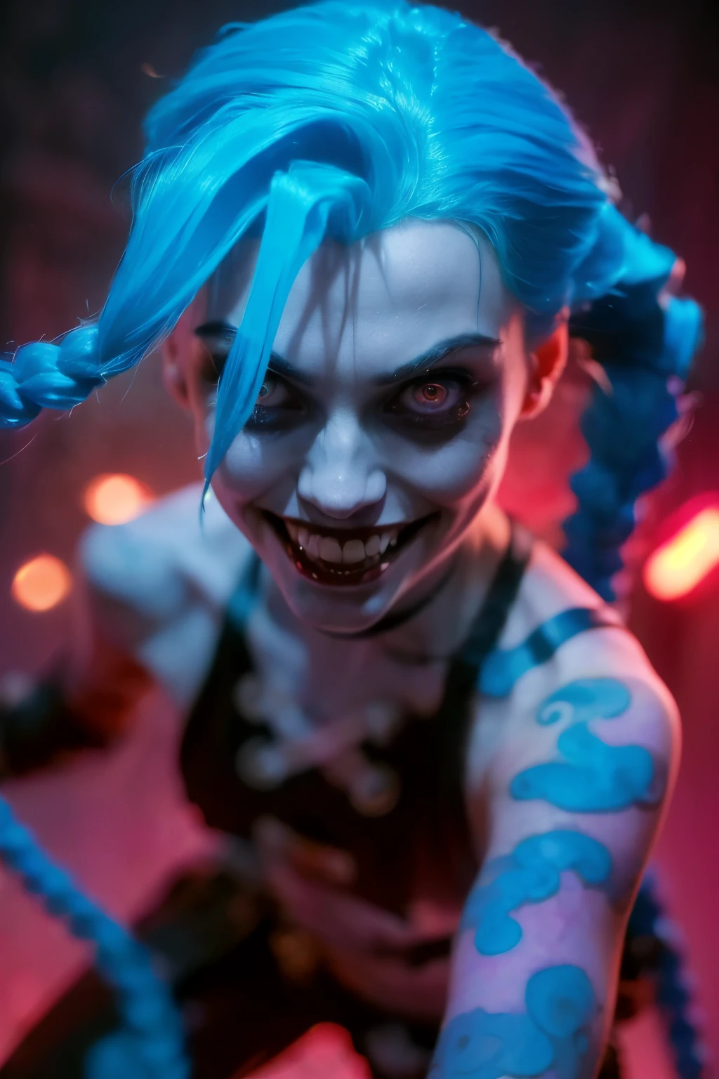 Hyper realistic super detailed Jinx cosplay ,(( Young girl, 15 years old)) , Very detailed, (hyper realistic: 1.4), ((in dynamic fight pose)) , ((angry face)) , twin braids, long hair, blue hair, red eyes, (((blue tattoo on arm))) , ((skinny body)) , (((psycho face, creppy smiling) )), arcane style. ((Grunge Neon grafitti background, cinematic lighting)).