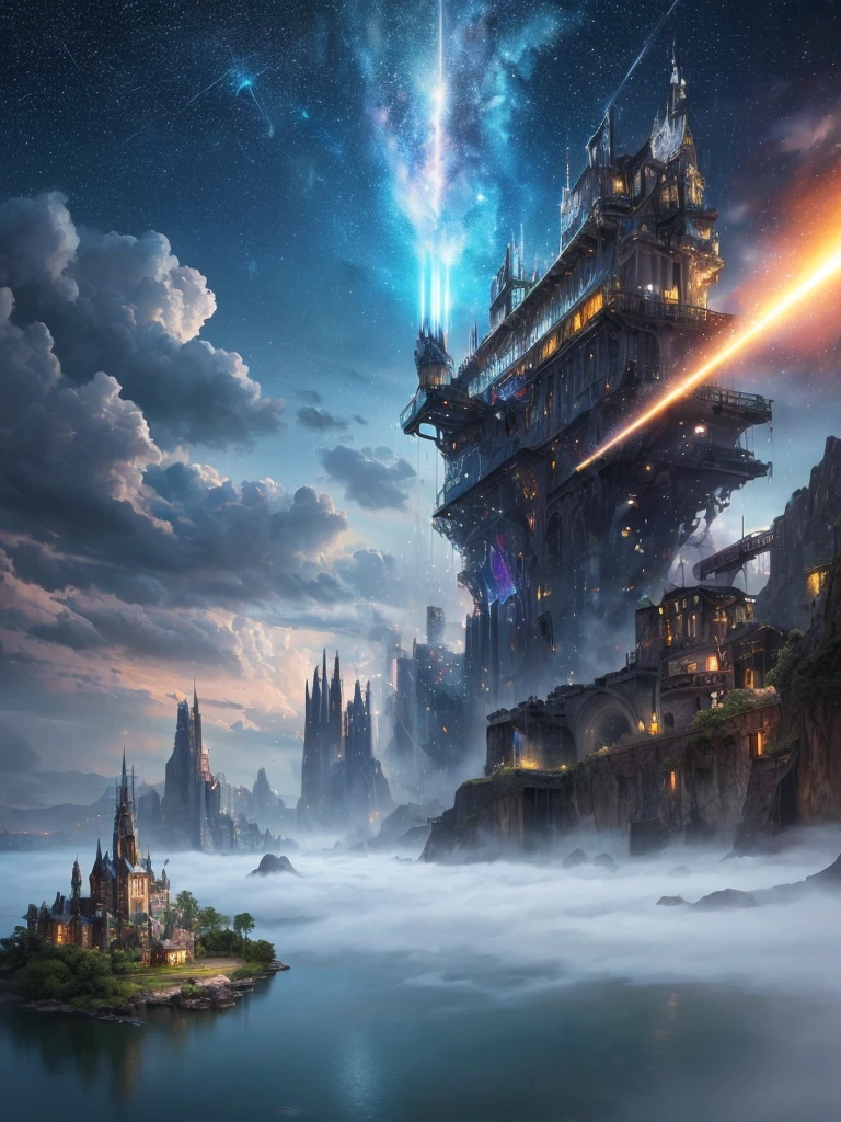 (8k, highest quality, masterpiece, final fantasy style: 1.2), (unRealistic, photoRealistic: 1.37), Dreamy landscape, Fantasy, Unsurreal landscapes, Super detailed, Flying Castle, Floating Island in the Sky, Seven-colored swirl of light, Intense lightning, milky way, Complex Light, Colored light, Large Lake, Starry sky reflected on the lake surface, Countless shining stars, Meteors, Reflections , (A pillar of light emanated from the ground:1,2), roses and orchids gardens , sunset, pink clouds, waterfalls in the sky, realistic style, Hyperrealism drawing, (a flying pirate spaceship floating high above the clouds, burning skyscrapers, cyborgs, timeless realms, stunning princess standing , casting spell, healing light magic effect, in a magical lagoon of the fairyland, crystal clear water surface reflections, sharp focus, looking at viewer, (close-up:0.9), (bright white theme:1.2), (bright white tone:1.2), (deep blue tone:1.3),((( realistic, Hyperrealism, vivid colours , landscapes , alien cyborgs , science fiction themes))),
