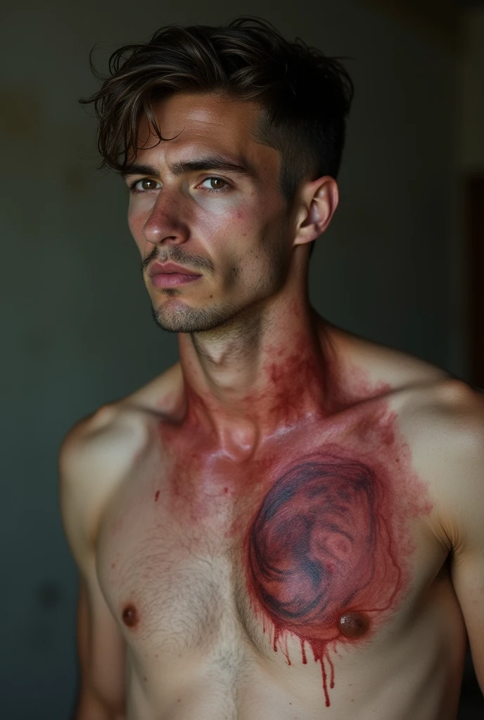 A 20-year-old man blind in one eye with a huge scar on his chest