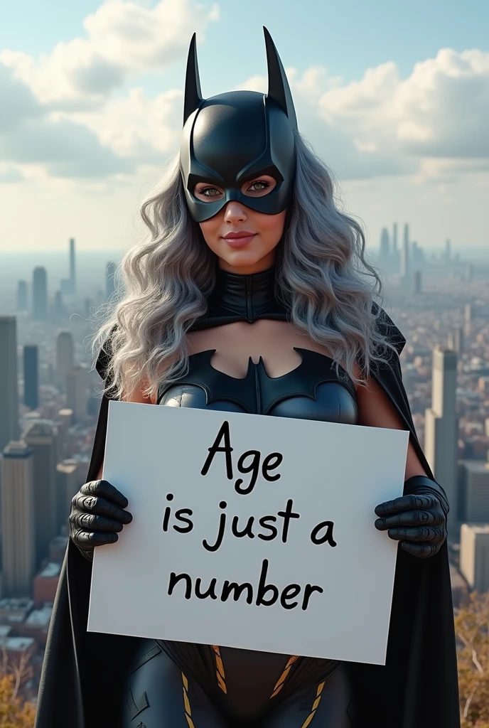 A beautiful youthful looking Hispanic version of a gray haired Ariana Grande as a 50 years old woma n with long her completely gray hair in a big curls styles as the superhero batwoman wearing a batw oman costume with a hood standing on top of a hil I overlooking a big city holding a white board with text "I age is just a number" and showing it to the viewer