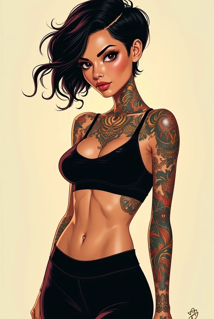 Rev animated Woman with short black Pixie hair, tattooed, slim, sexy face drawing, light skinned brunette, black leagwear

