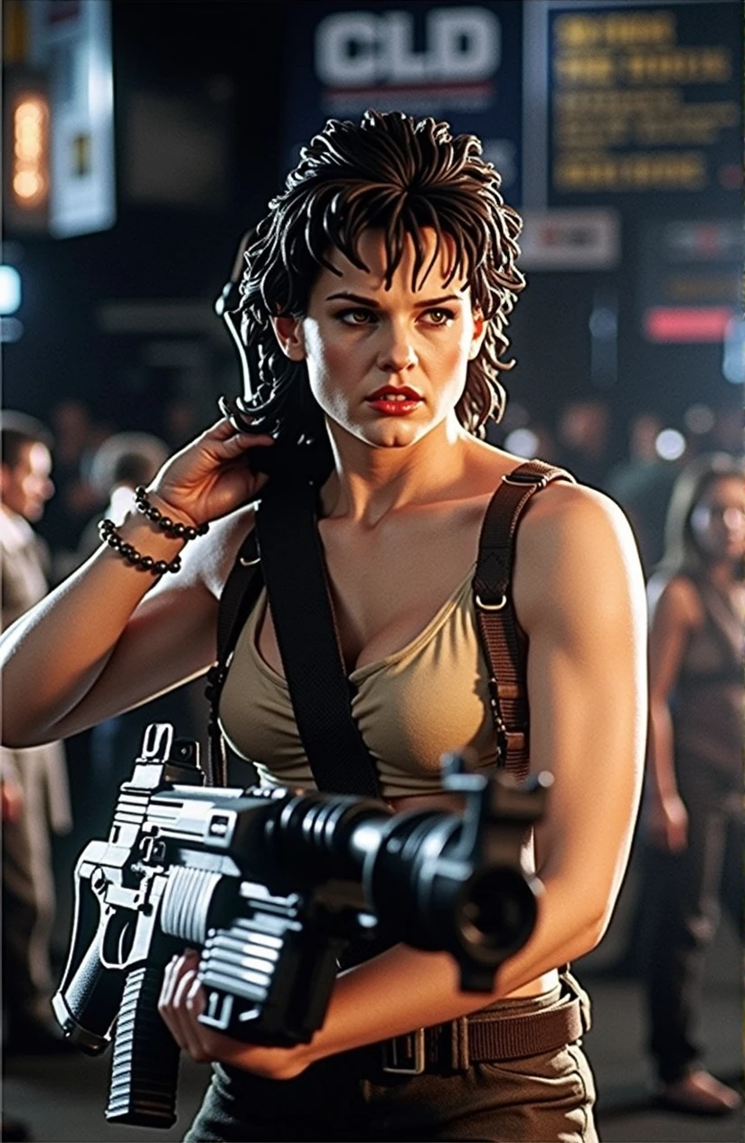 (sigourney weaver as ellen ripley from aliens,grainy TV still,35mm,1986 film, (((erotic-pose, forefront shot of full figure , detailed pvc figurine of angry ellen ripley on a metal base))), dramatic lighting,side view,hourglass figure,wearing a off white tight-singlet huge breasts cold nipples pokethrough straining singlet,grey cargo pants suspenders , brown army boots,brown hair,brown eyes,sweaty dirty skin,angry,holding a pulse rifle on shoulder sling erotic-pose:1.3) ,(background on table at Comic Con convention, baNNERS CROWDS COSPLAYERS STALLs tv screens anime comics,people,bustling,shallow depth of field:1.2)
