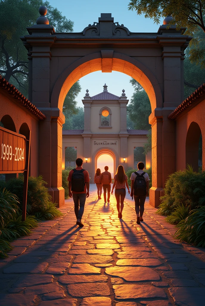 Hacienda with a lighted path along which a group of real people are walking with backpacks on their shoulders and in their hands crossing a stone arch with the dates 1999 - 2024 engraved on it with an empty wooden sign on the left side