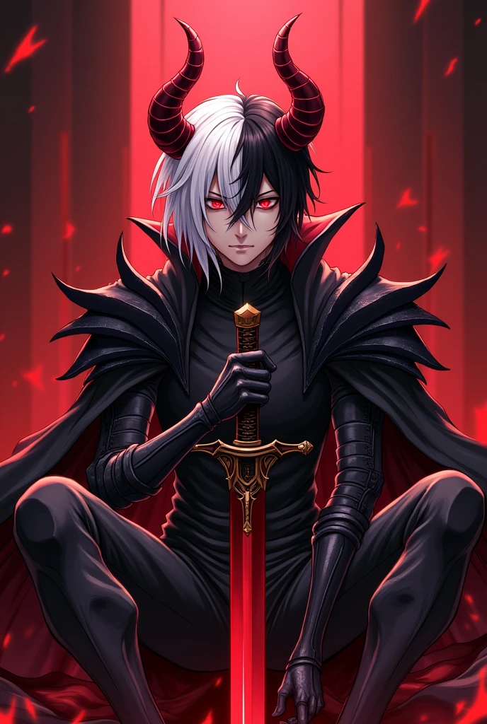 Main male anime character, half black hair and half white hair, sitting ,red eyes, destroyed caslte, magic sword, villain, dark aura, revenge, devil armor, hate face