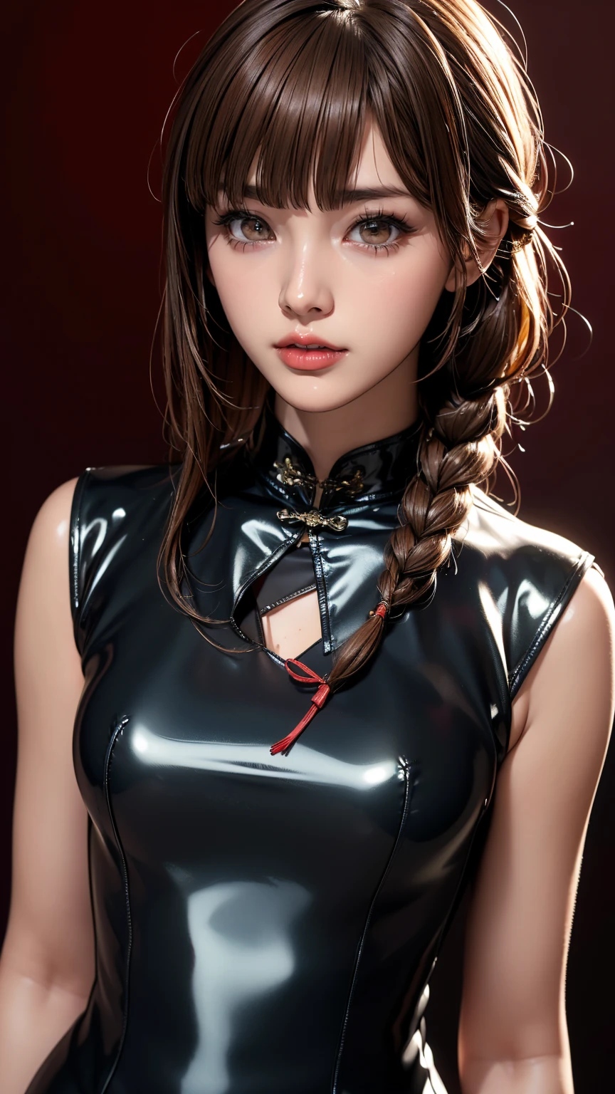 Realistic, masterpiece, Highest quality, Highest Resolution, Anatomically correct, Accurate Anatomy, 7 heads, Height: 165cm, One Japanese woman, Open your mouth and laugh, Staring at the audience, Fine and beautiful eyes, Sparkling eyes, Thin eyebrows, Gives lashes a delicate finish, False eyelashes, (Chinese traditional makeup:1.2), (Braided hair, Blunt bangs, Brown Hair:1.2), Detailed face, Sharp Eyes, (A latex cheongsam with a sexy chest, Clothes that fit snugly to the body:1.3), Upper body photo, Background like ink painting