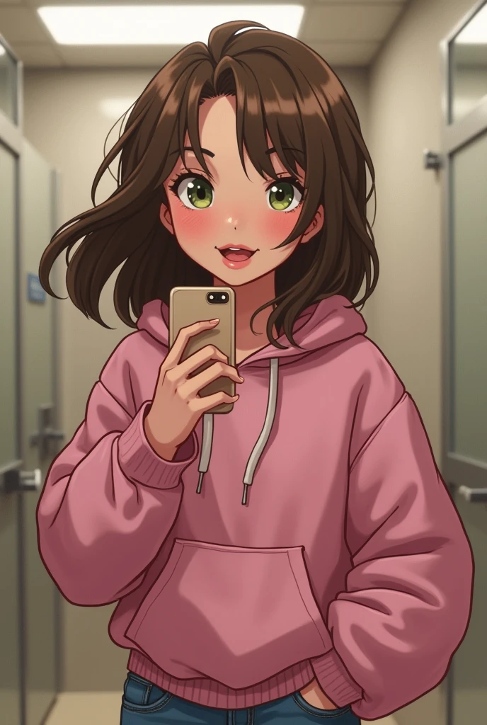 isabella girl with brown hair below the shoulders, greenish brown eyes and thick lips with a mole very close to the lip on the right side, taking a selfie in a public bathroom, dressed in jeans and a pink hooded sweatshirt