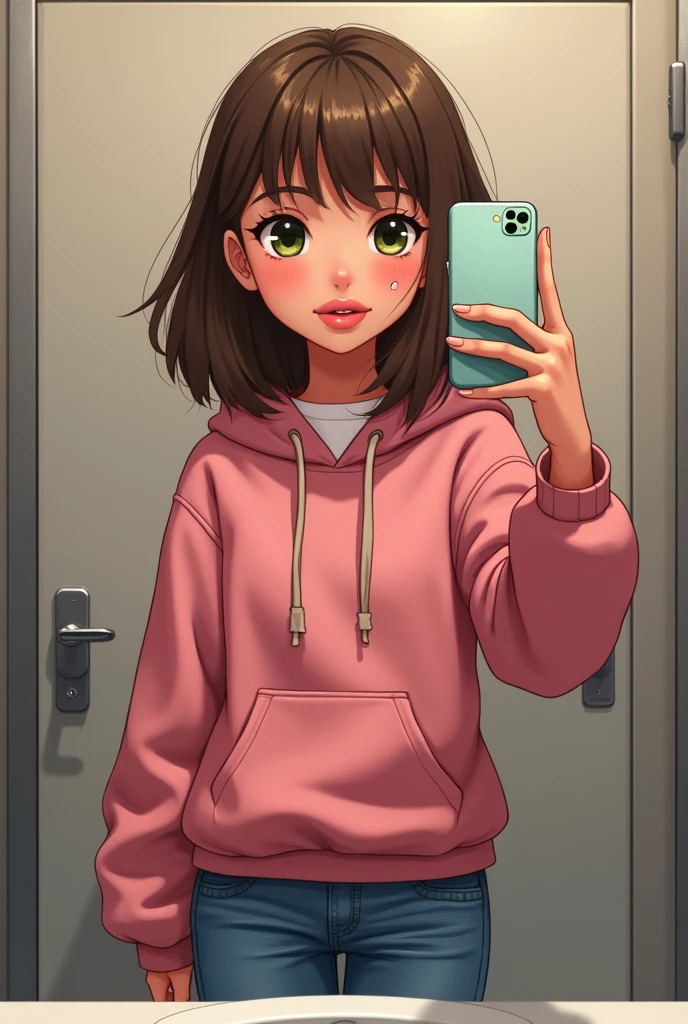 isabella girl with brown hair below the shoulders, greenish brown eyes and thick lips with a mole very close to the lip on the right side, taking a selfie in a public bathroom, dressed in jeans and a pink hooded sweatshirt