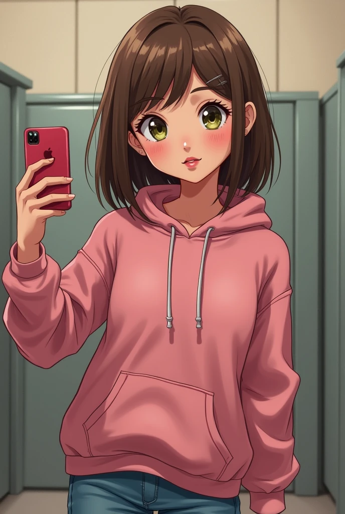isabella girl with brown hair below the shoulders, greenish brown eyes and thick lips with a mole very close to the lip on the right side, taking a selfie in a public bathroom, dressed in jeans and a pink hooded sweatshirt