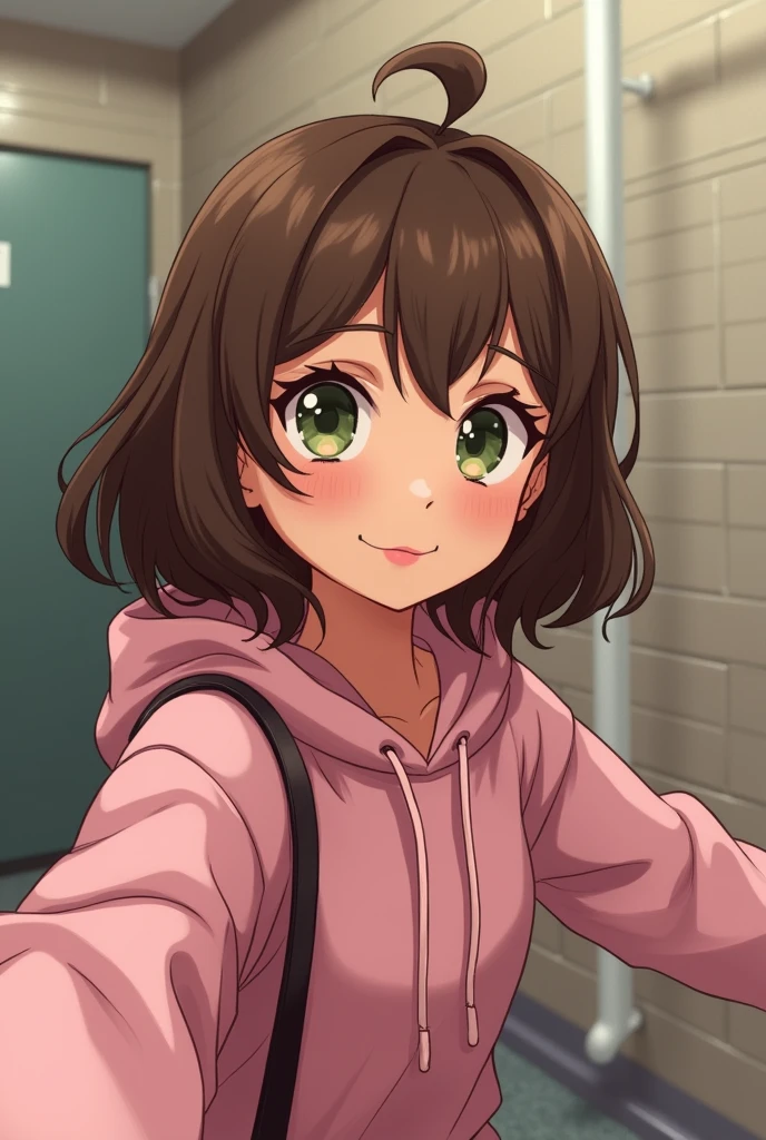 isabella girl with brown hair below the shoulders, greenish brown eyes and thick lips with a mole very close to the lip on the right side, taking a selfie in a public bathroom, dressed in jeans and a pink hooded sweatshirt