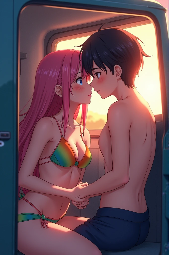 beautiful Anime girl in blue bikini and a boy who is kissing her on lips in a truck
