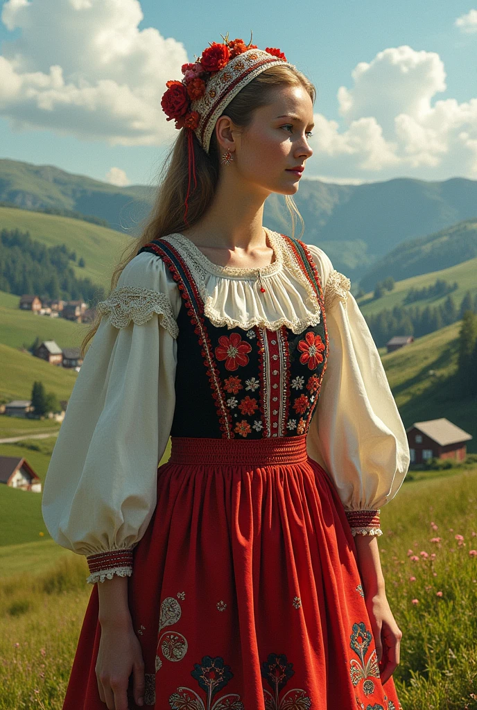 dressed in the colours of traditional Danish costume