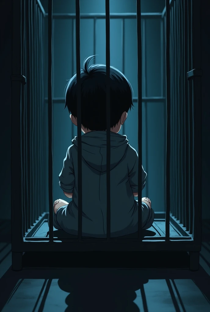 Cinematic Anime style. Manga art. TME0224 face, (((a baby boy, 4 year old))) in a funny night (((wearing a baggy onesie without a zipper with hands in mitts))), (((inside a tiny closed cage behind bars, sitting with the legs sticking out))). cinematic lighting, drop shadow, masterpiece, UHD, anatomically correct, textured skin, super detail, high details, high quality, best quality, 4K, full body